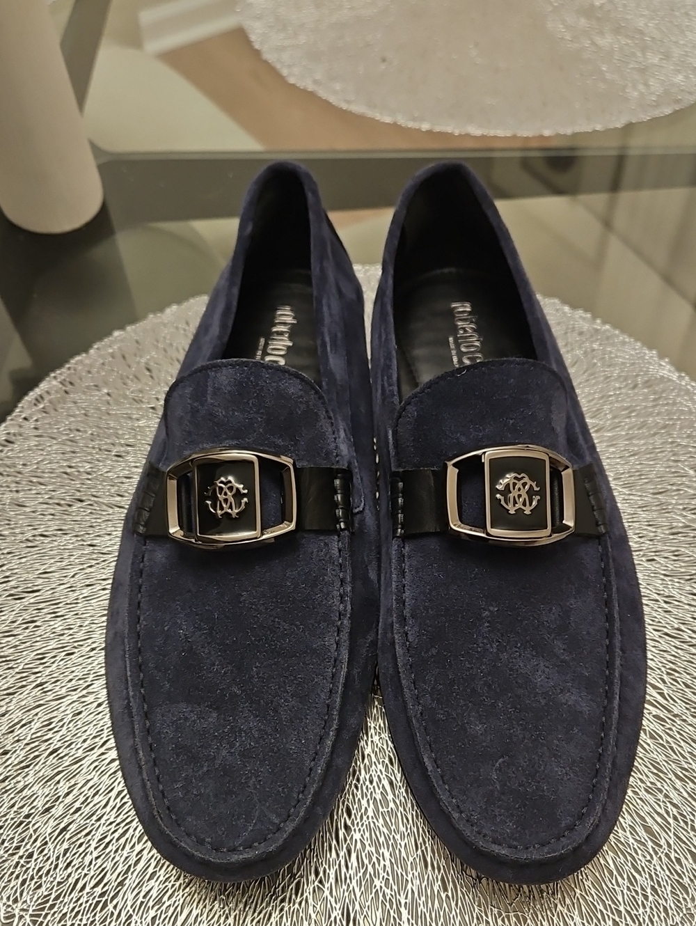 Roberto Cavalli Navy Suede Loafers w Branded Metal Buckle, NWOT, Size 43